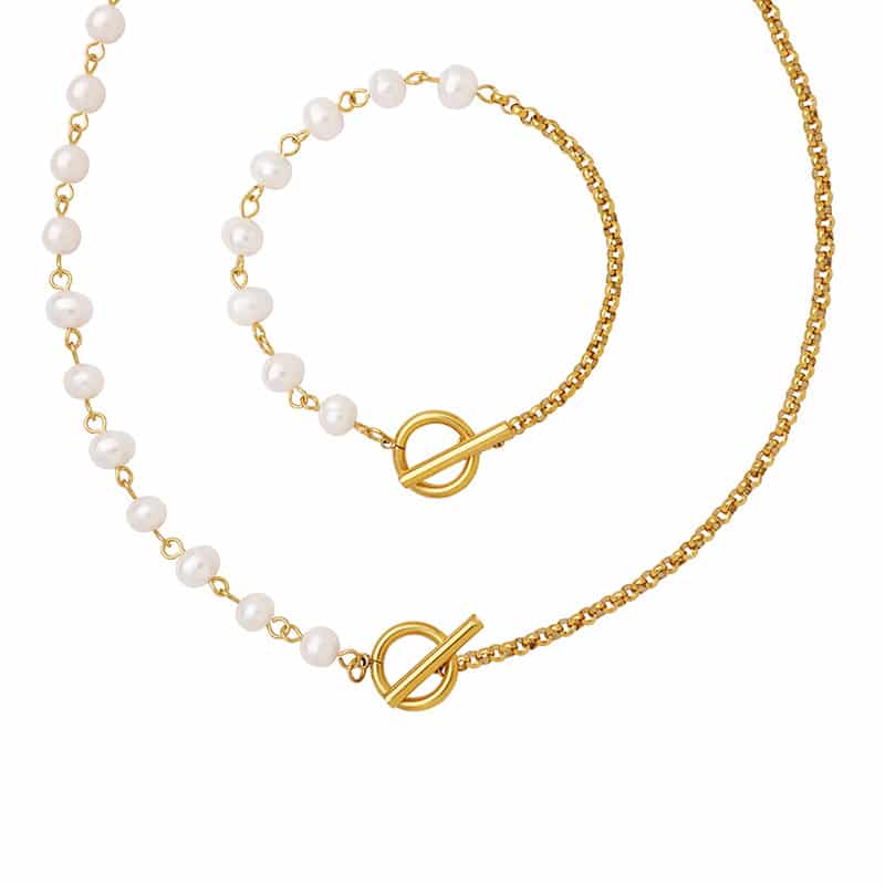 Freshwater Pearl Ot Buckle Bracelet Titanium Steel Jewelry Set