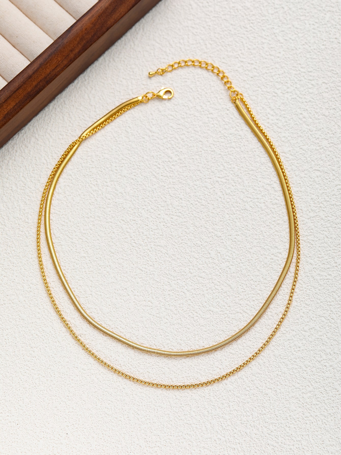 Double Layer Gold Necklace with Snake & Bead Chain