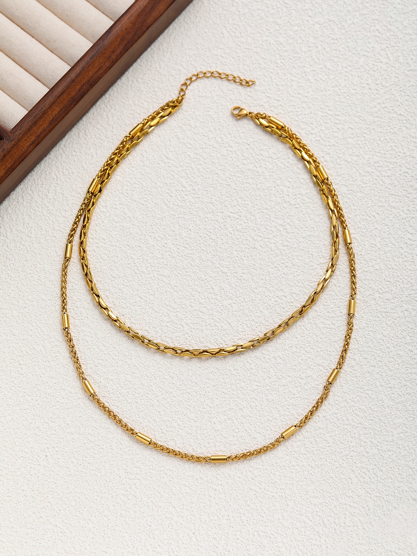 Double Layer Gold Necklace with Twist and Curb Chains