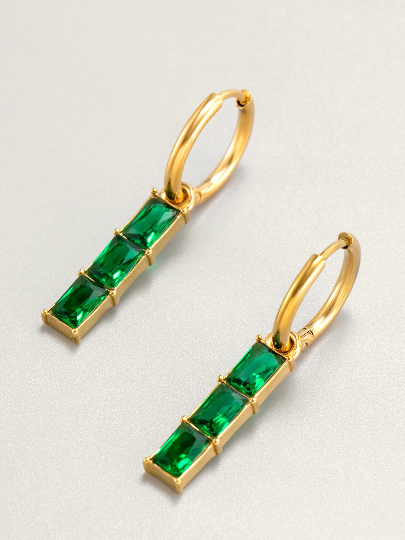 Rectangle Green Stone Stainless Steel Earings