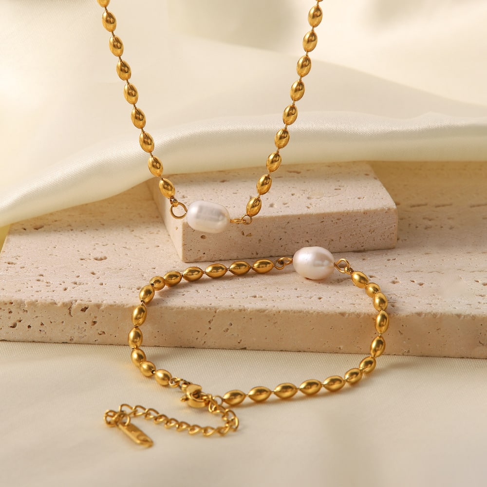 Fashionable Non-Fading Necklace Natural Freshwater Pearl Oval Bead Jewelry Set