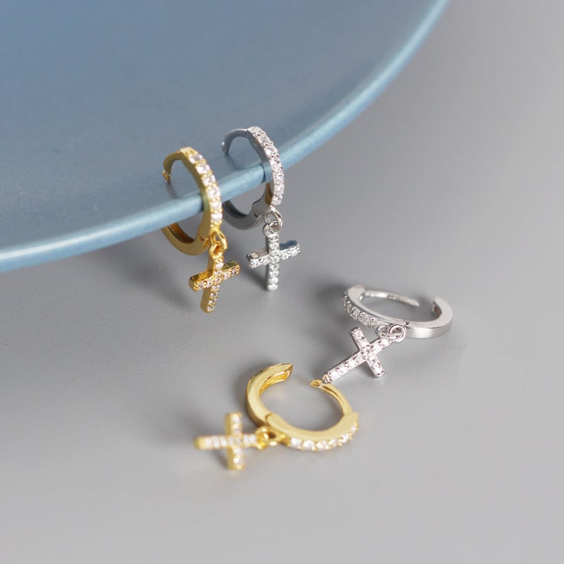 Geometric Cross Setting Diamond Stud Earrings S925 Silver Stacked Earrings