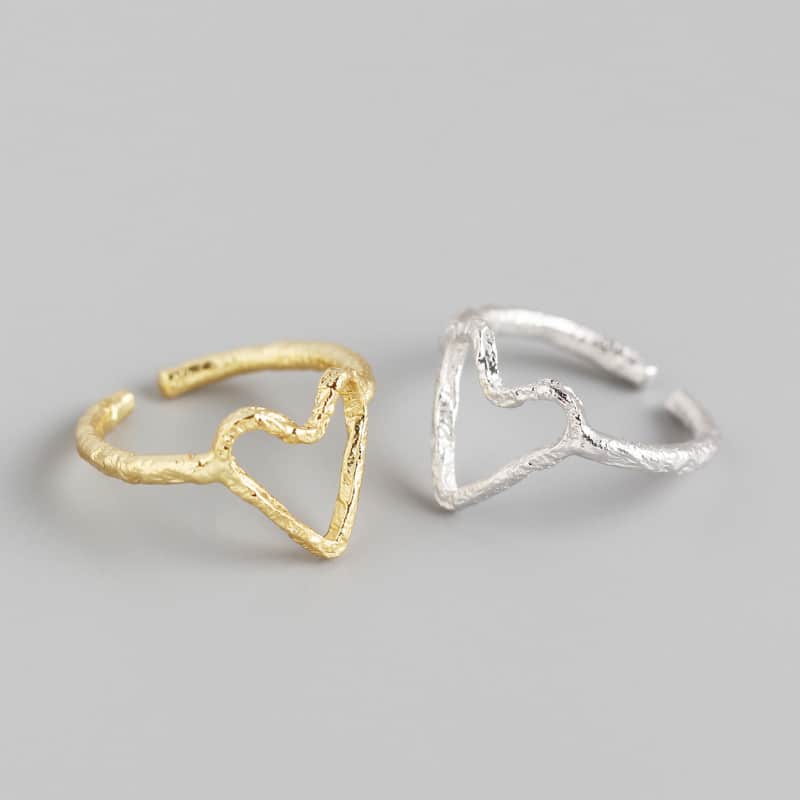 Geometric Heart Shape S925 Sterling Silver Ring Texture Pattern Peach Heart Open Ring