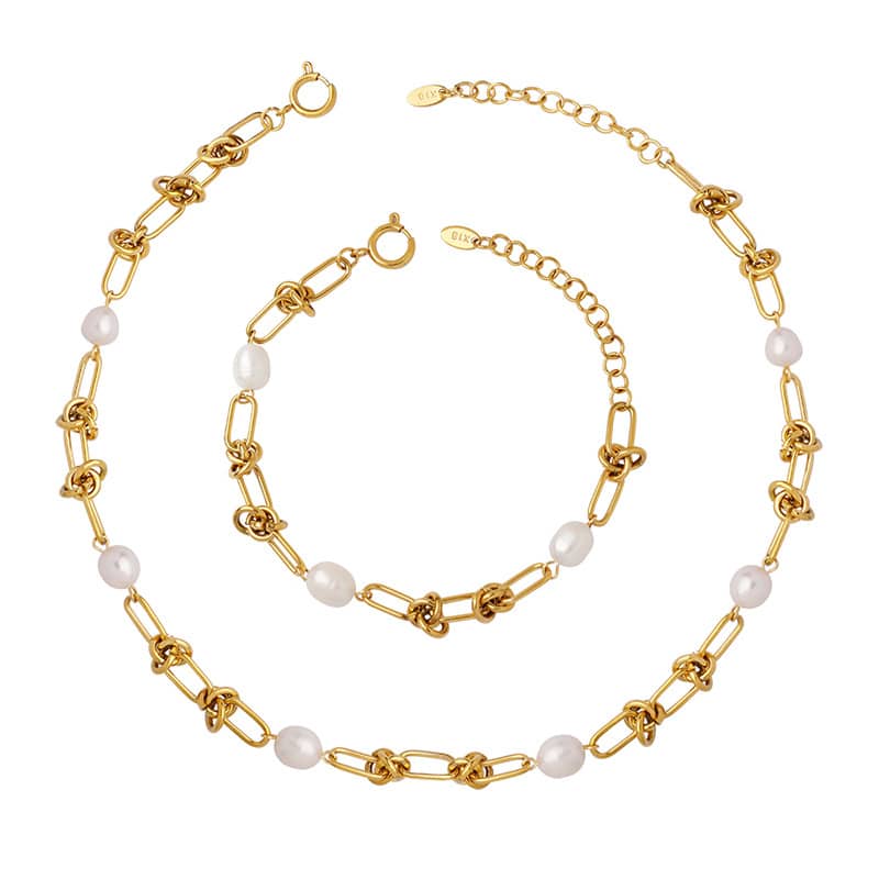 Gold Plated Elegant Pearl Necklace Twist Chain Necklace Bracelet Jewelry Set