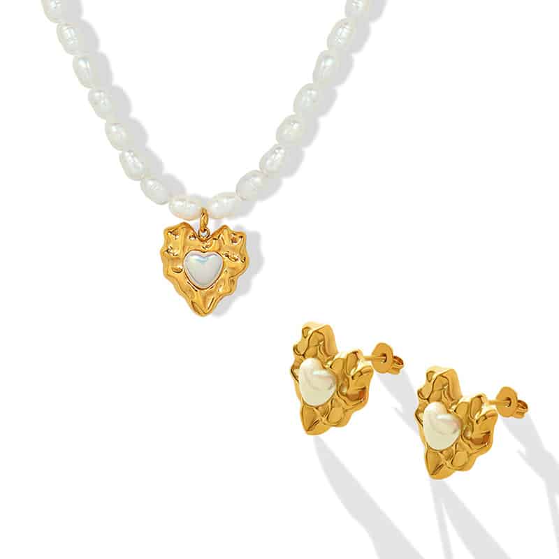 Love Heart Hammer Necklace Pearl Bracelet Jewelry Set For Women