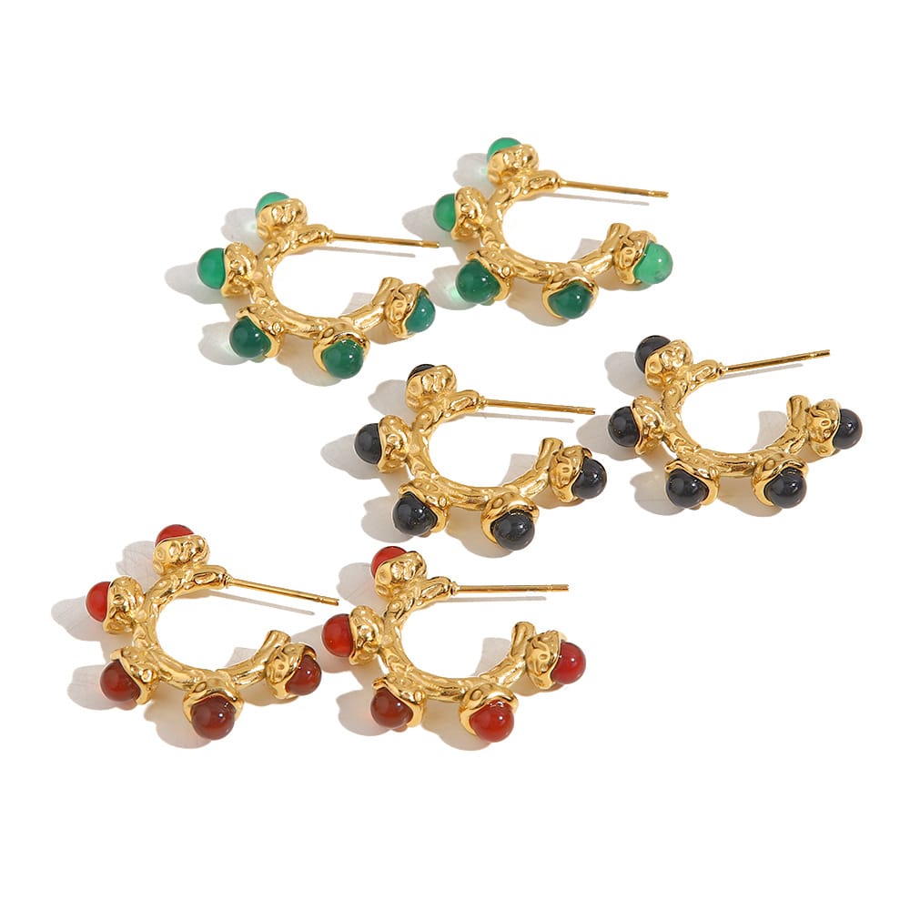 Natural Stone Irregular Hammered 18K Gold Plated Stainless Steel Hoop Earrings
