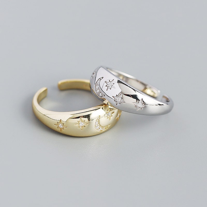 s925 silver geometric ring star moon Prong setting open ring