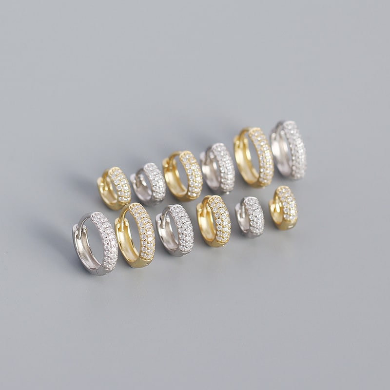 S925 Silver Three Row Diamond Earrings Wide Face Earrings