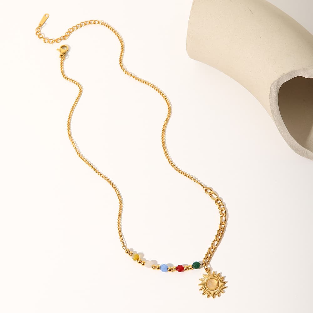 Stainless Steel Opal Stone Beads Sun Pendant Necklace