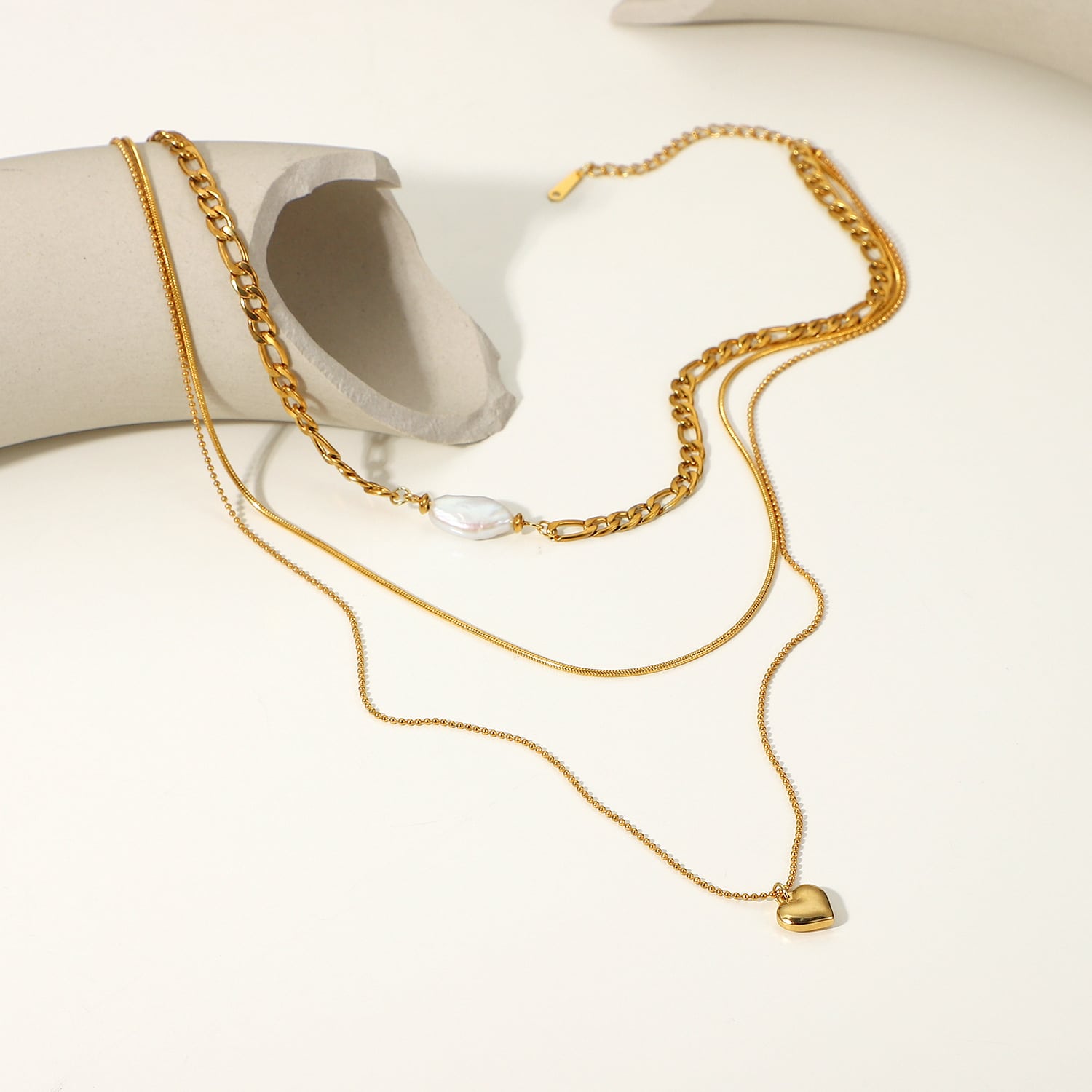 Stainless Steel Three-Layer Heart-Shaped Pendant Necklace Figaro Chain Necklace