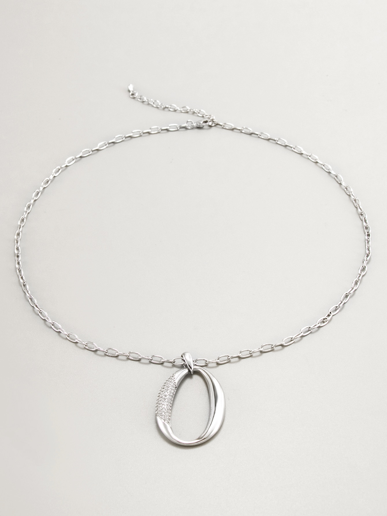 Sterling Silver  Chain with Zircon Oval Drop Necklace