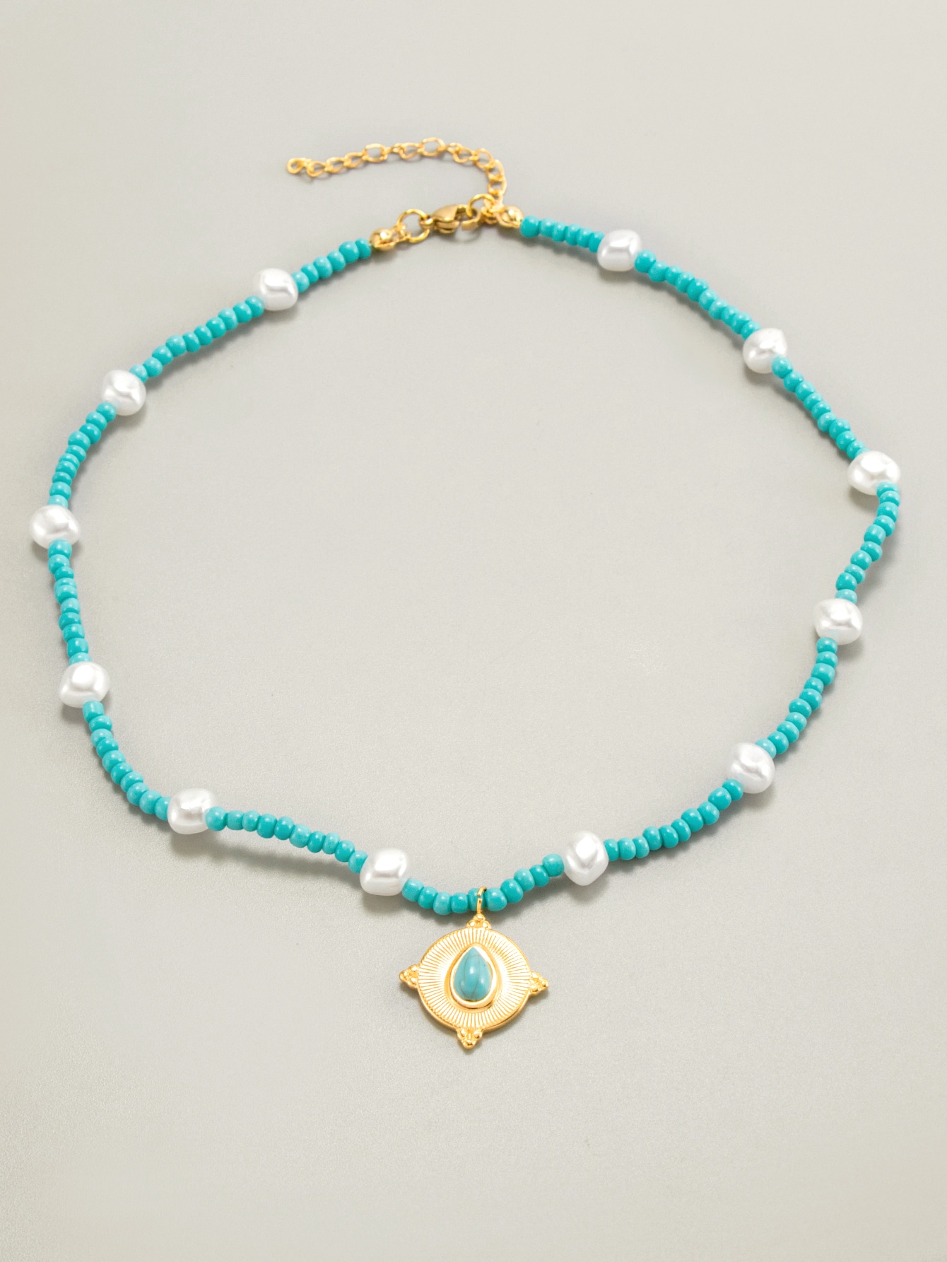 Turquoise Bead  With Fresh Water Cultured Pearl Gold Plated Pendant Choker Necklace